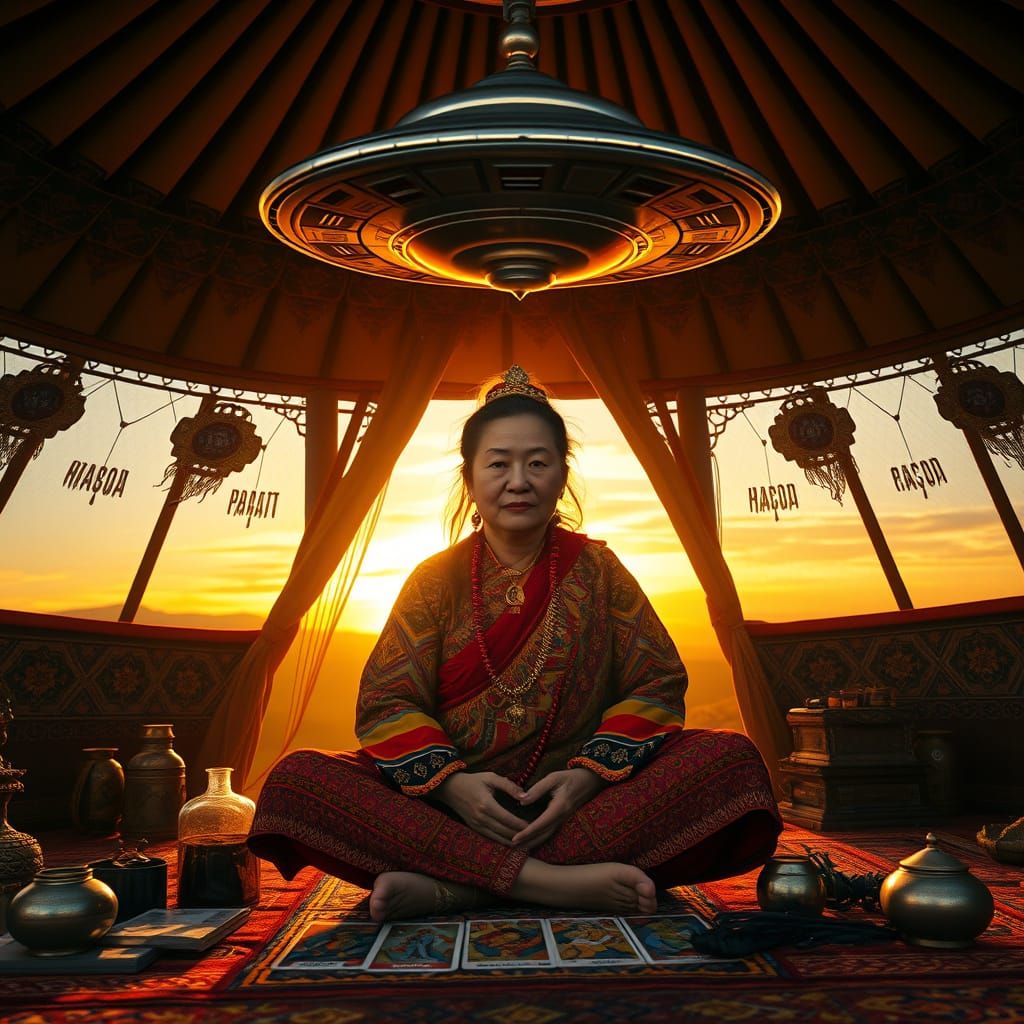 Ethereal Shaman in Tibetan Yurt Under UFO Glow