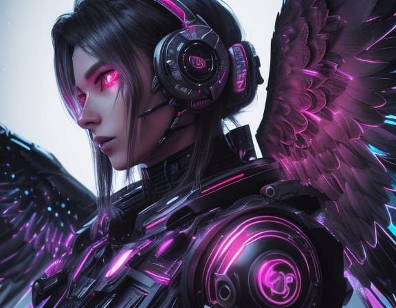 Cyberpunk Angel with Silver Wings and Red Armor