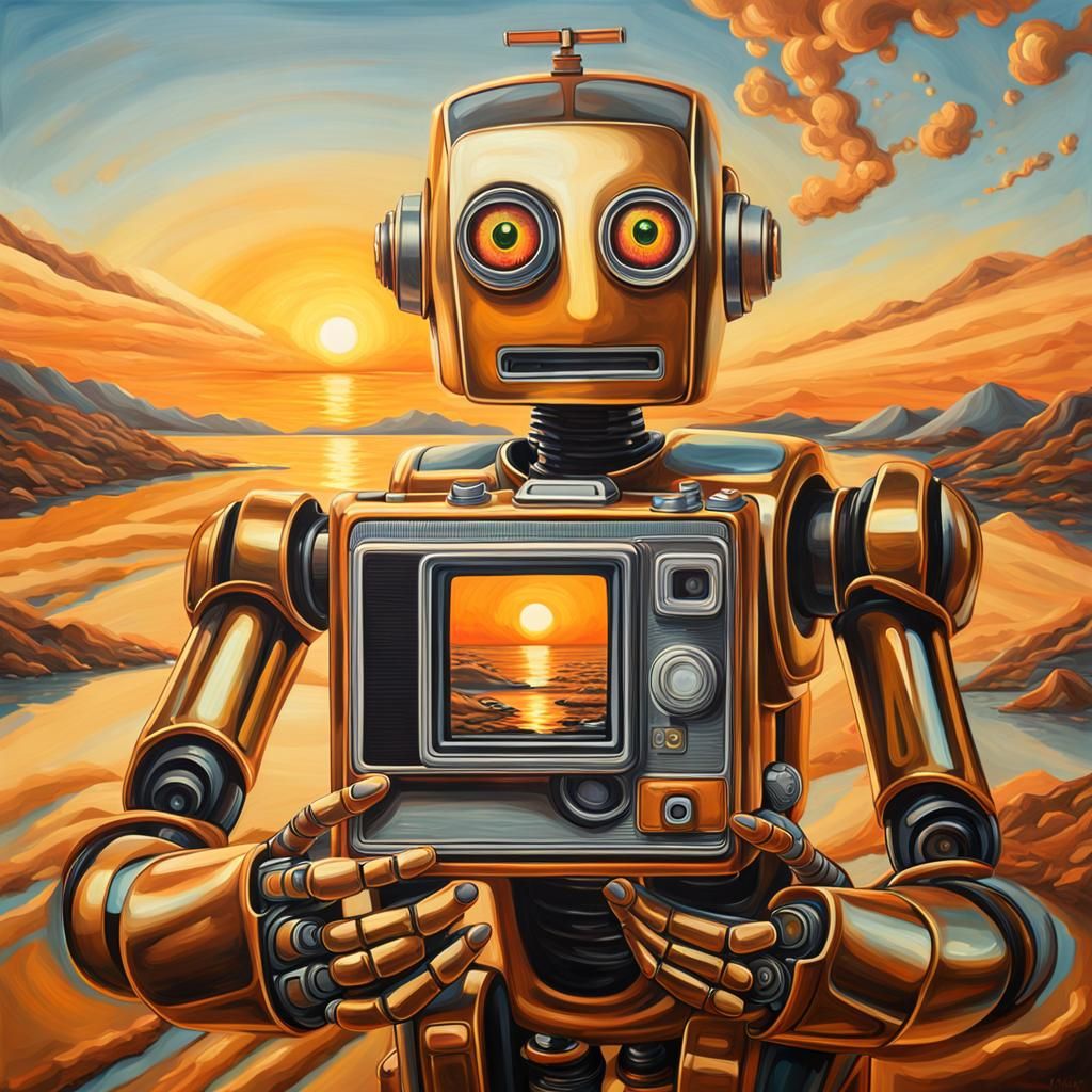 Astonished Robot Captures Mirrored Sunrise in Surreal Oil Pa...