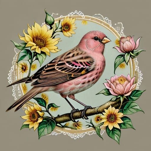 Vibrant Rosefinch in Whimsical Sunflower Setting