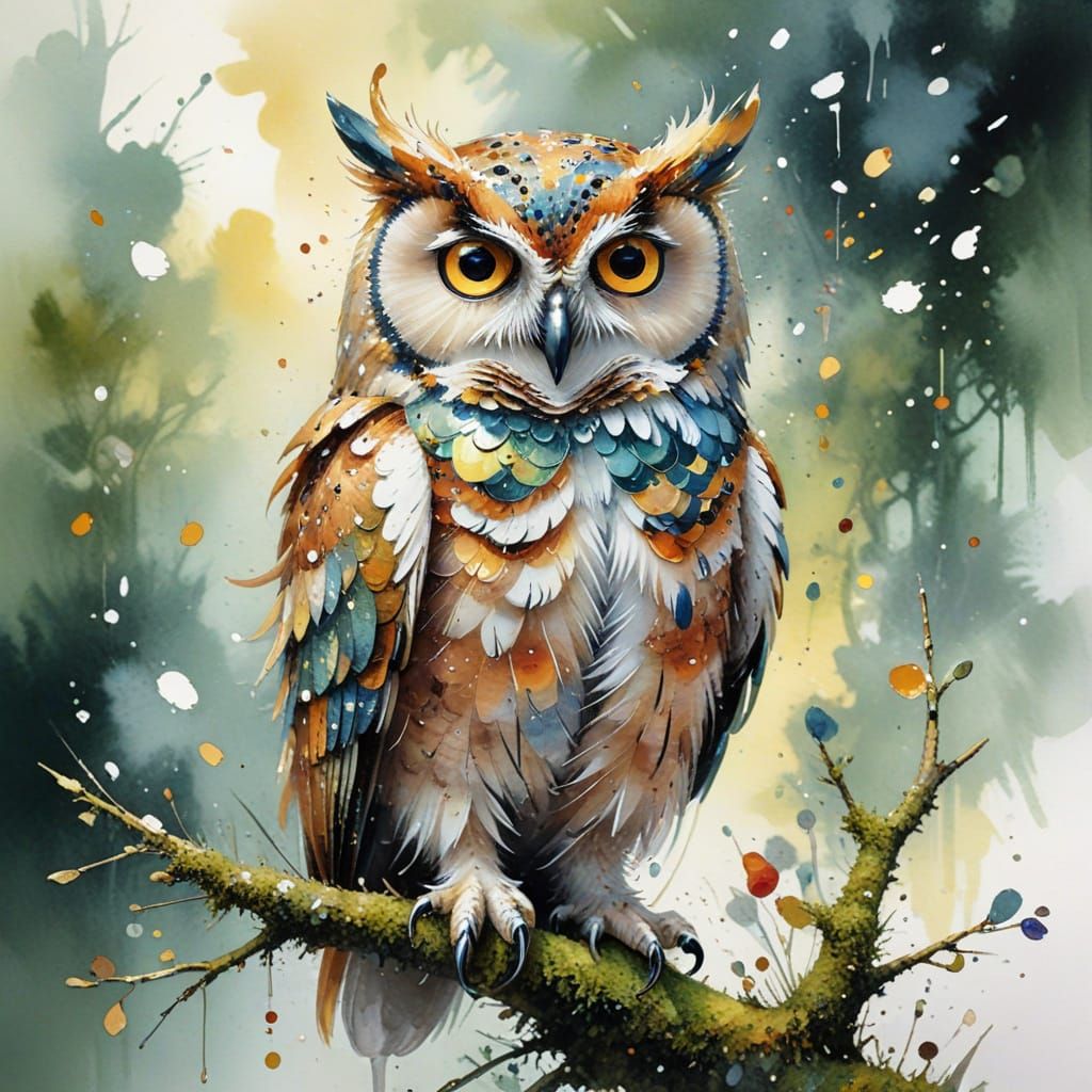 Sequin Owl on Moss Branch: Watercolour Art