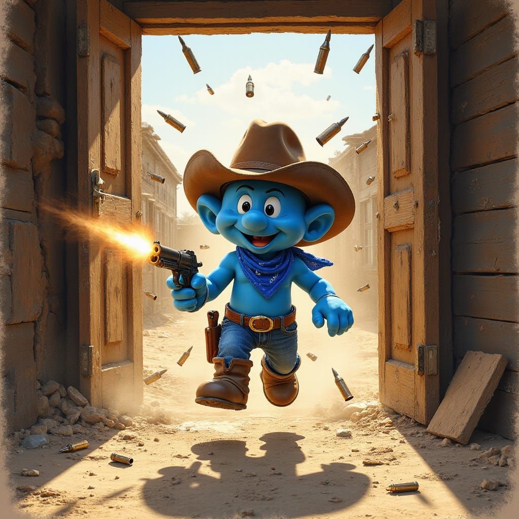 Smurf Cowboy Charges into Saloon in Pencil and Digital Art