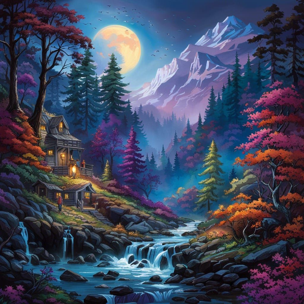 Snowy Cabin in Forest Under Purple Moon