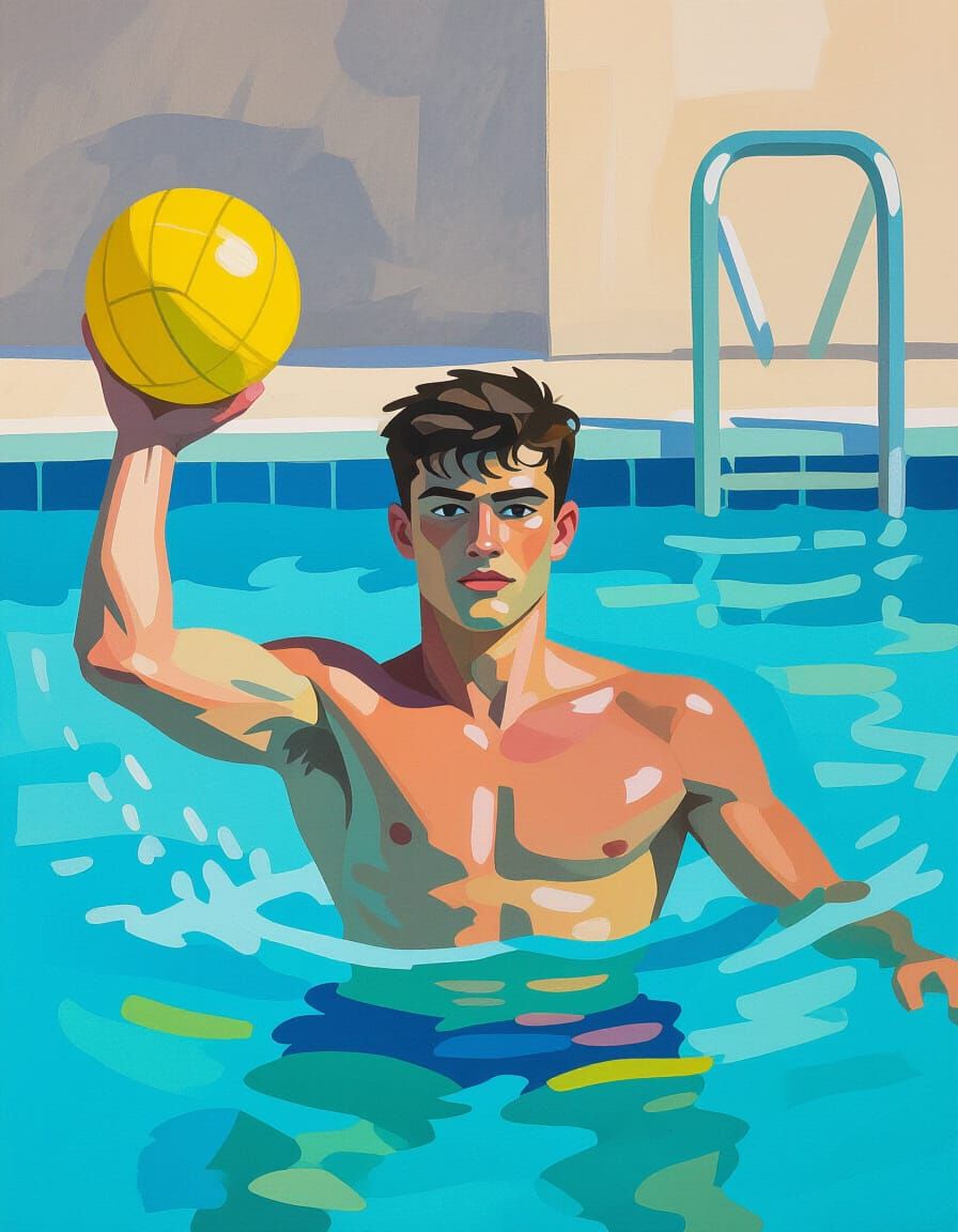 Energetic Water Polo Player in Gouache Style