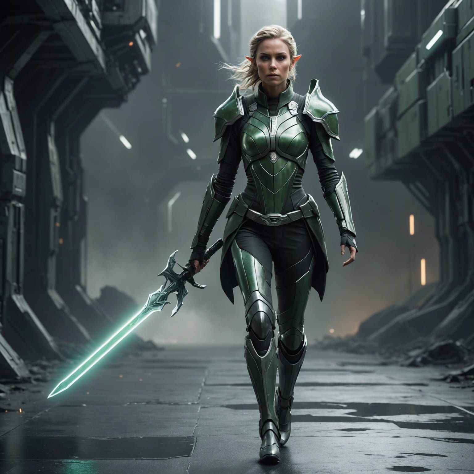 Sci-Fi Elf Warrior Between Realms: Cinematic Graphene Armor