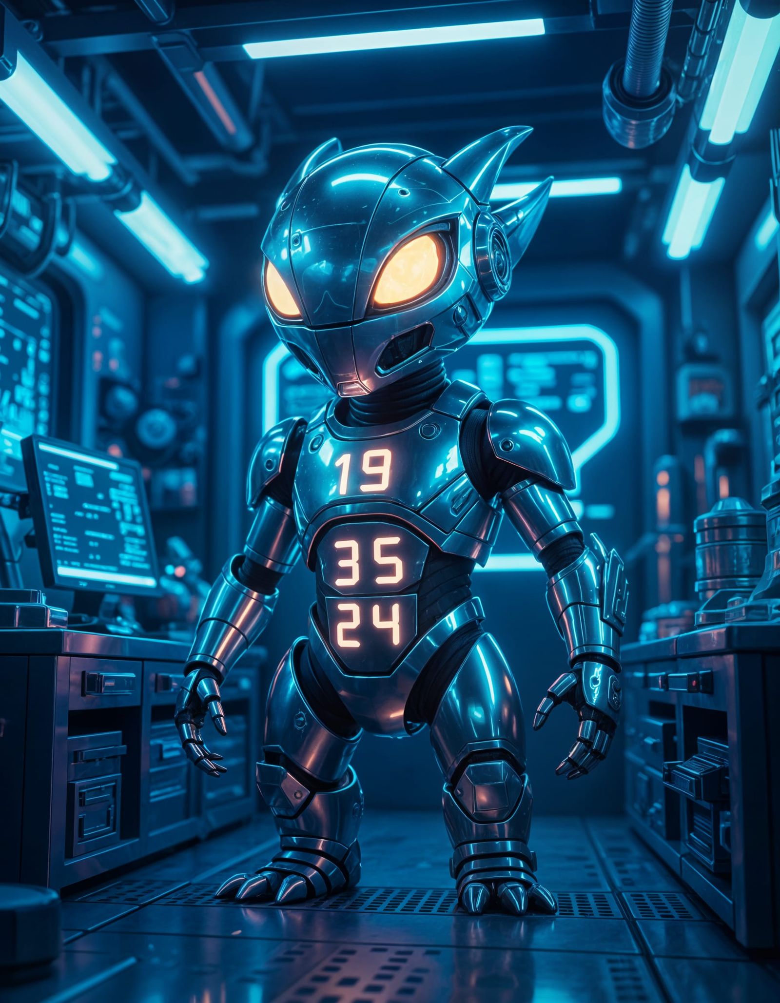 Futuristic Digital Creature with Glowing Numbers and Neon Li...