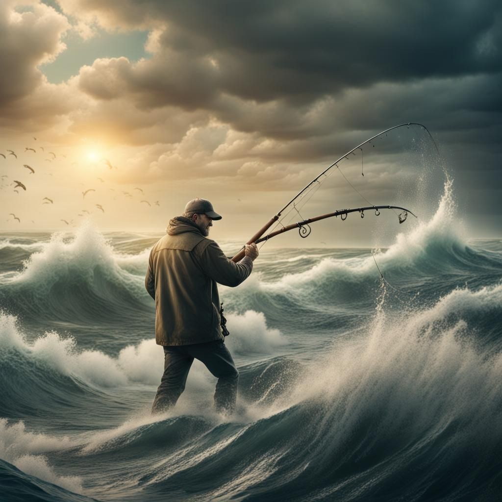 Fisherman's Struggle: Epic Ocean Digital Painting