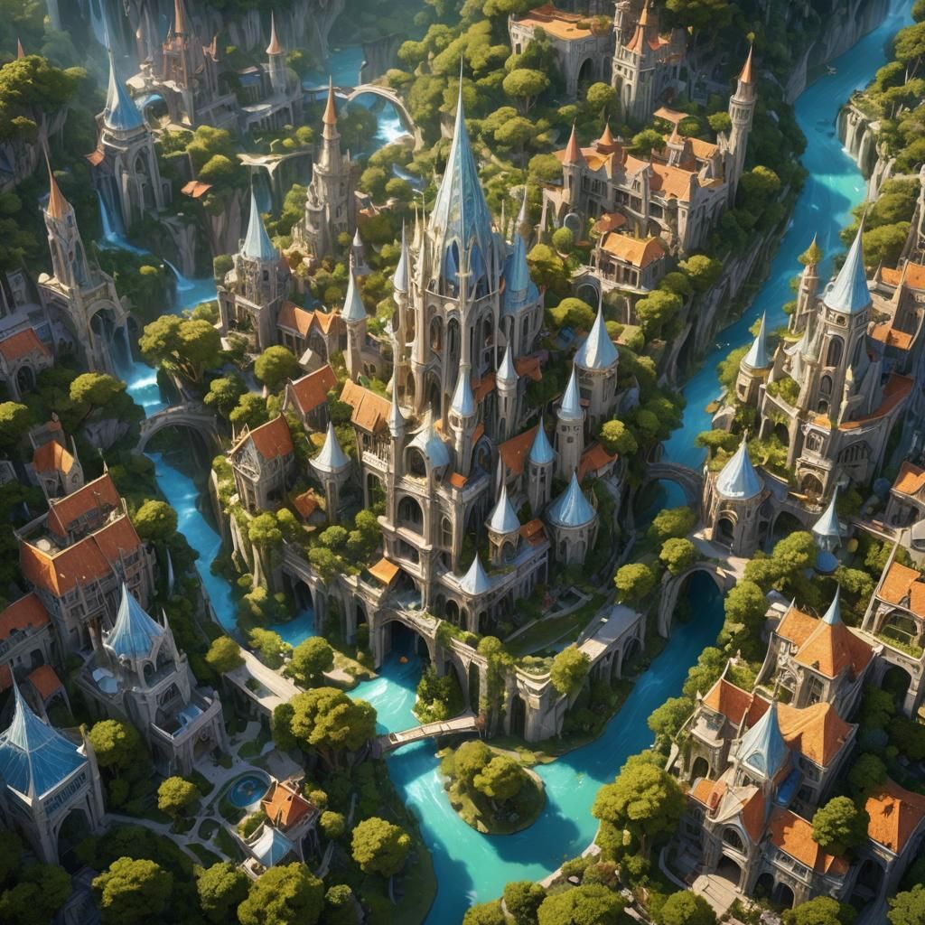 Aerial Elven City with Crystal Spires in 8K