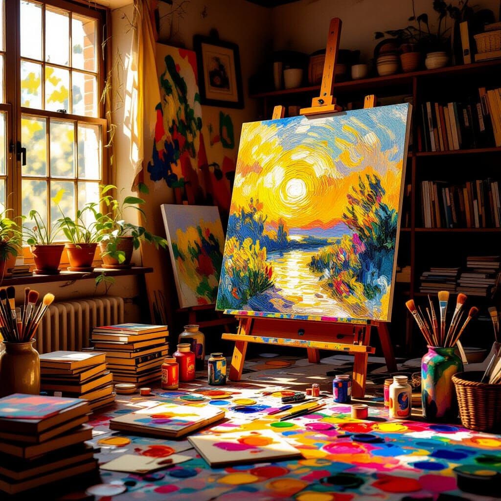 Sun-Drenched Artist Studio in Impressionistic Oil Painting S...