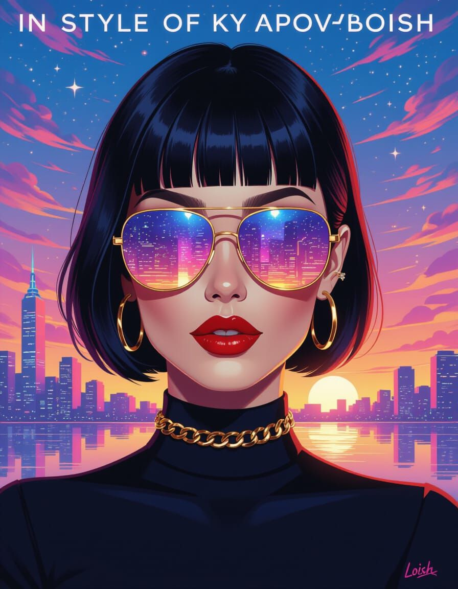 Chic Woman Reflects Cosmic Cityscape in Dreamlike Style