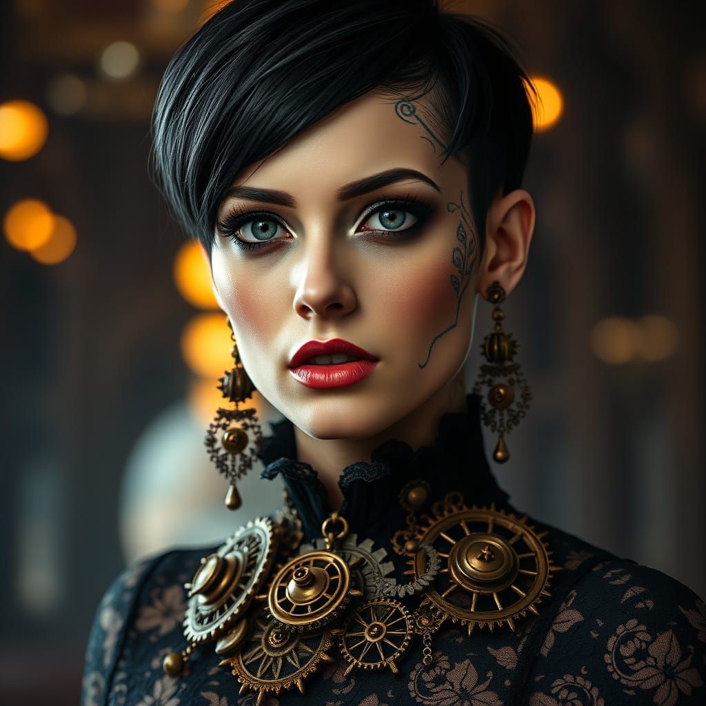 Steampunk Woman with Gear Tattoos and Piercing Gaze