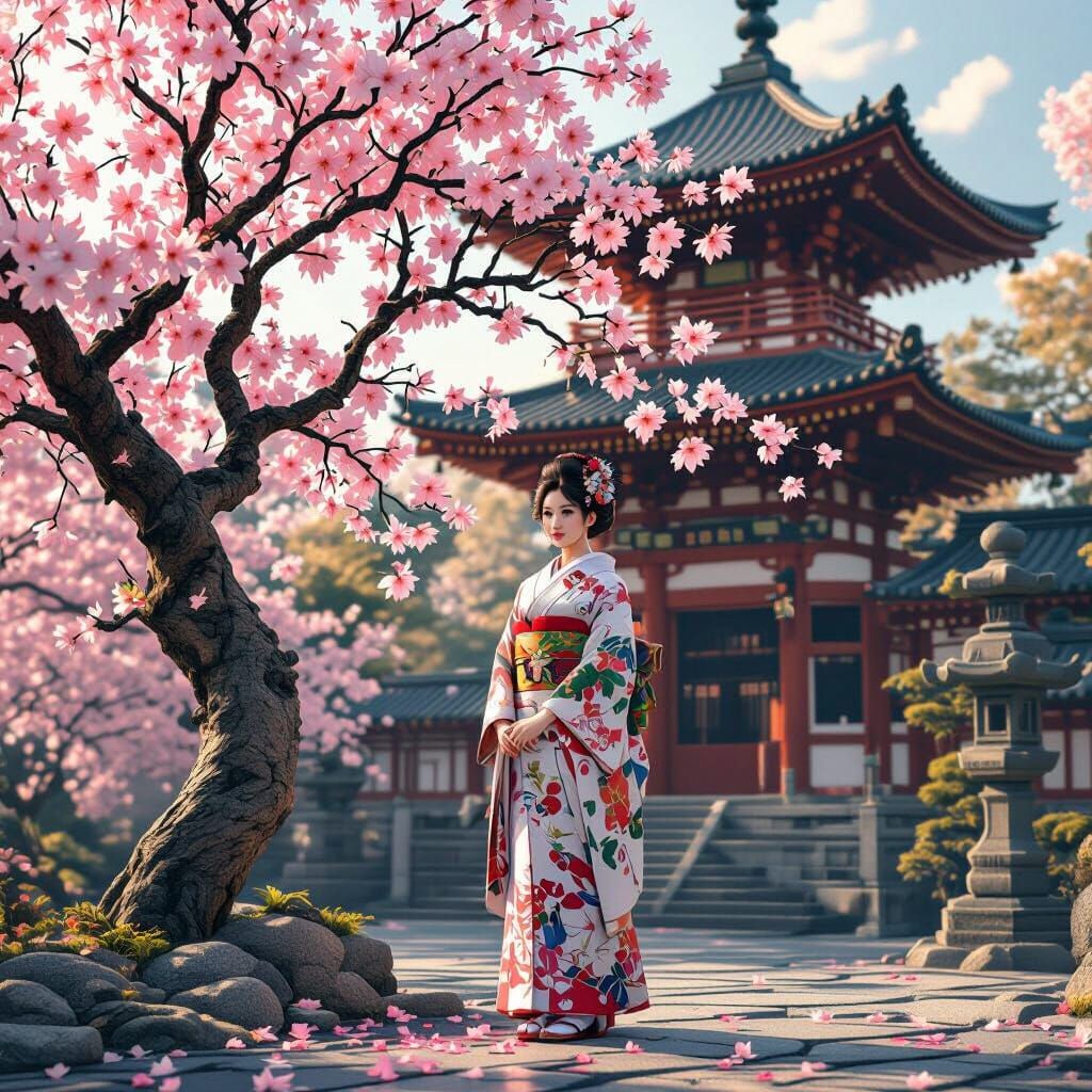 Sakura Tree in Front of Japanese Pagoda, Ultra-Realistic Sty...