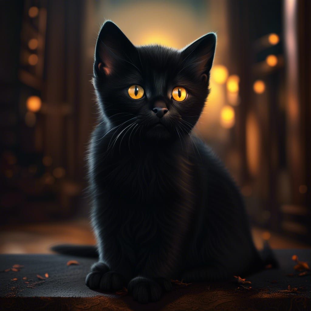 Adorable Black Kitten with Amber Eyes in Digital Painting