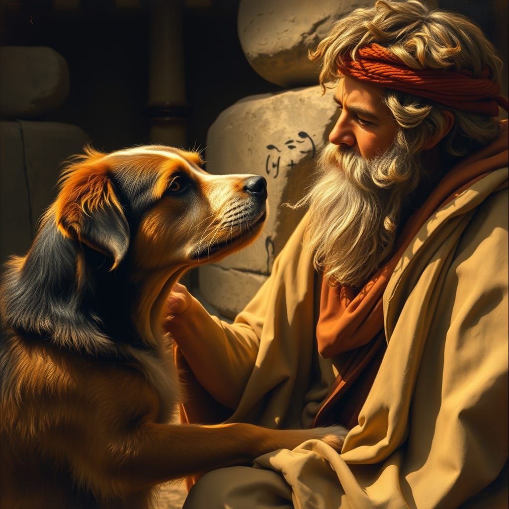 Aged Dog Recognizes Odysseus in Warm Golden Light