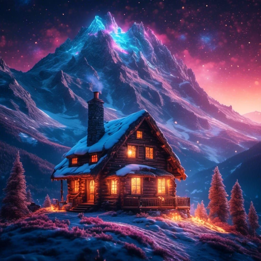 Cozy Cabin in Snowy Mountains: Digital Matte Painting