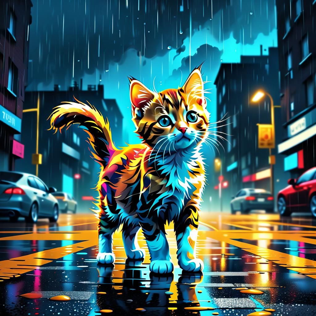 Kitten in Rain: Dark Vectorial 3D Art