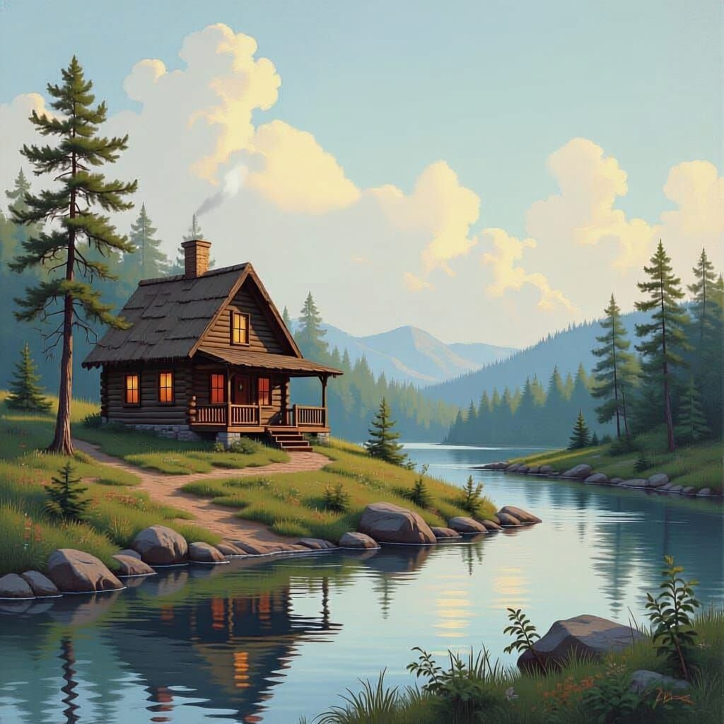 Cozy Cabin on Hill with River in Oil Painting Style