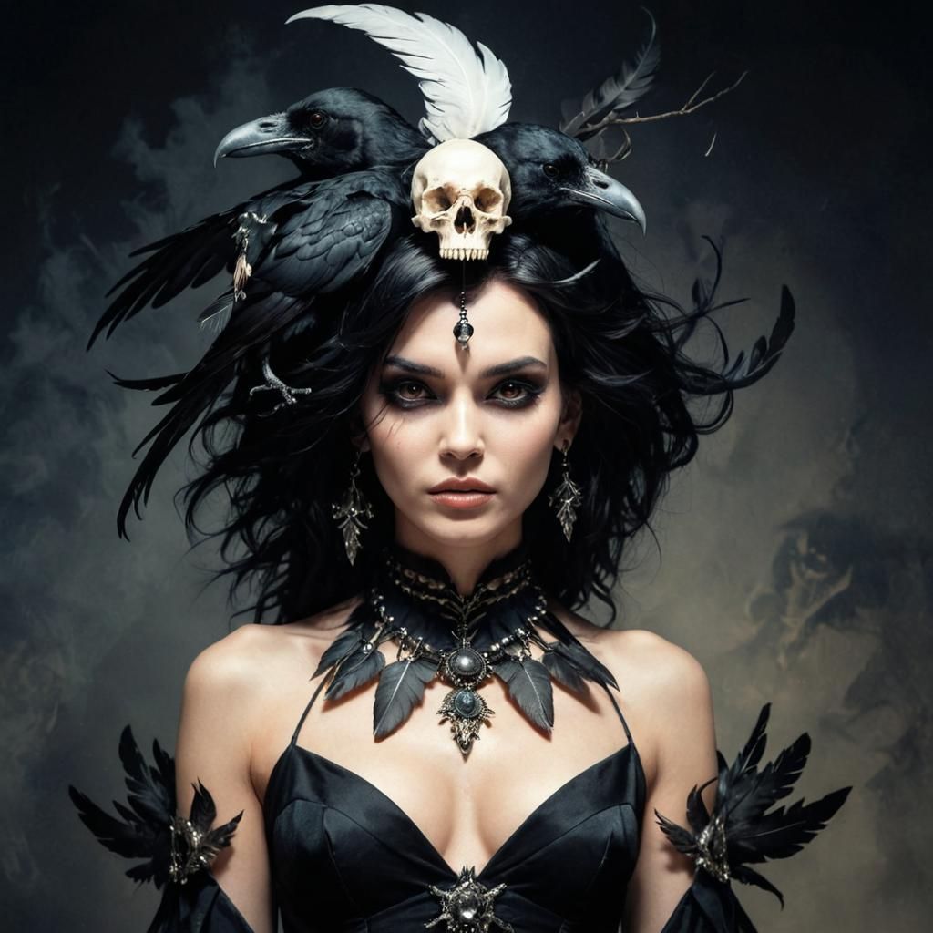 Black Haired Sorceress with Raven Skulls