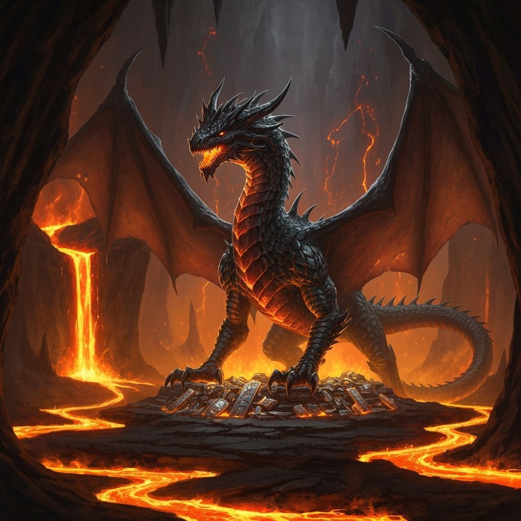 Obsidian Dragon Guarding Volcanic Treasure Hoard