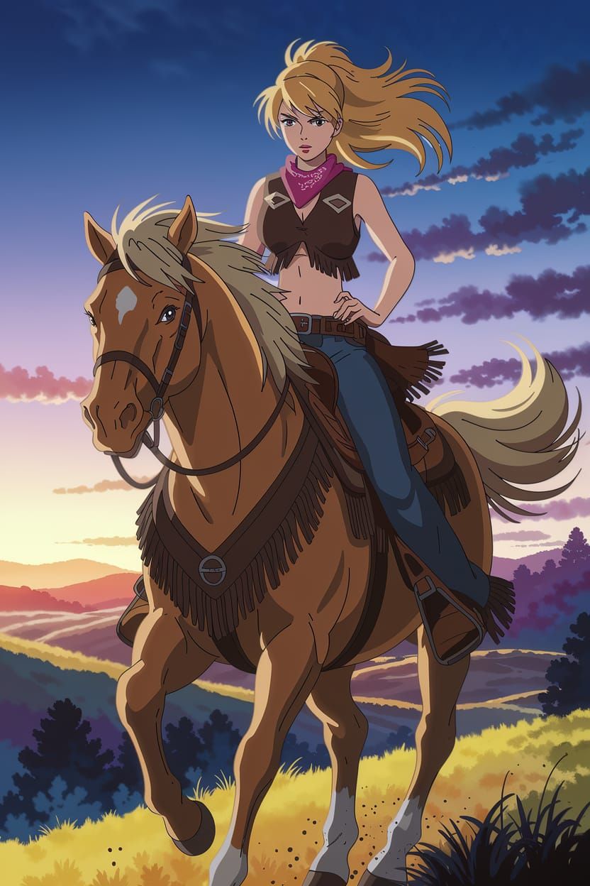 Heroic Anime Cowgirl Rides into Sunset