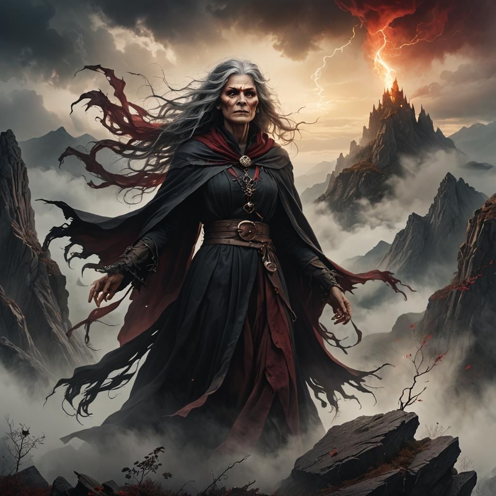 Enchanted Witch on Misty Mountain in Dark Fantasy Style