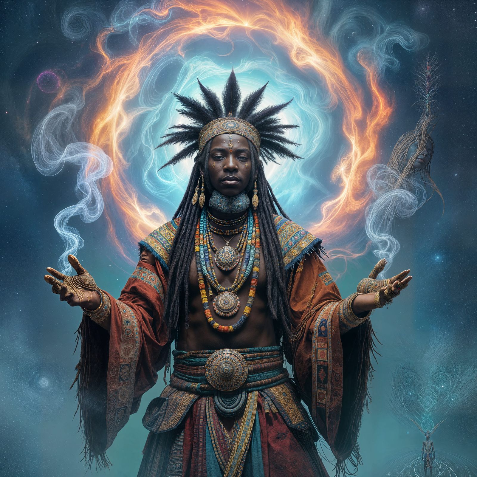 African Shaman Silhouetted Against Cosmic Energy
