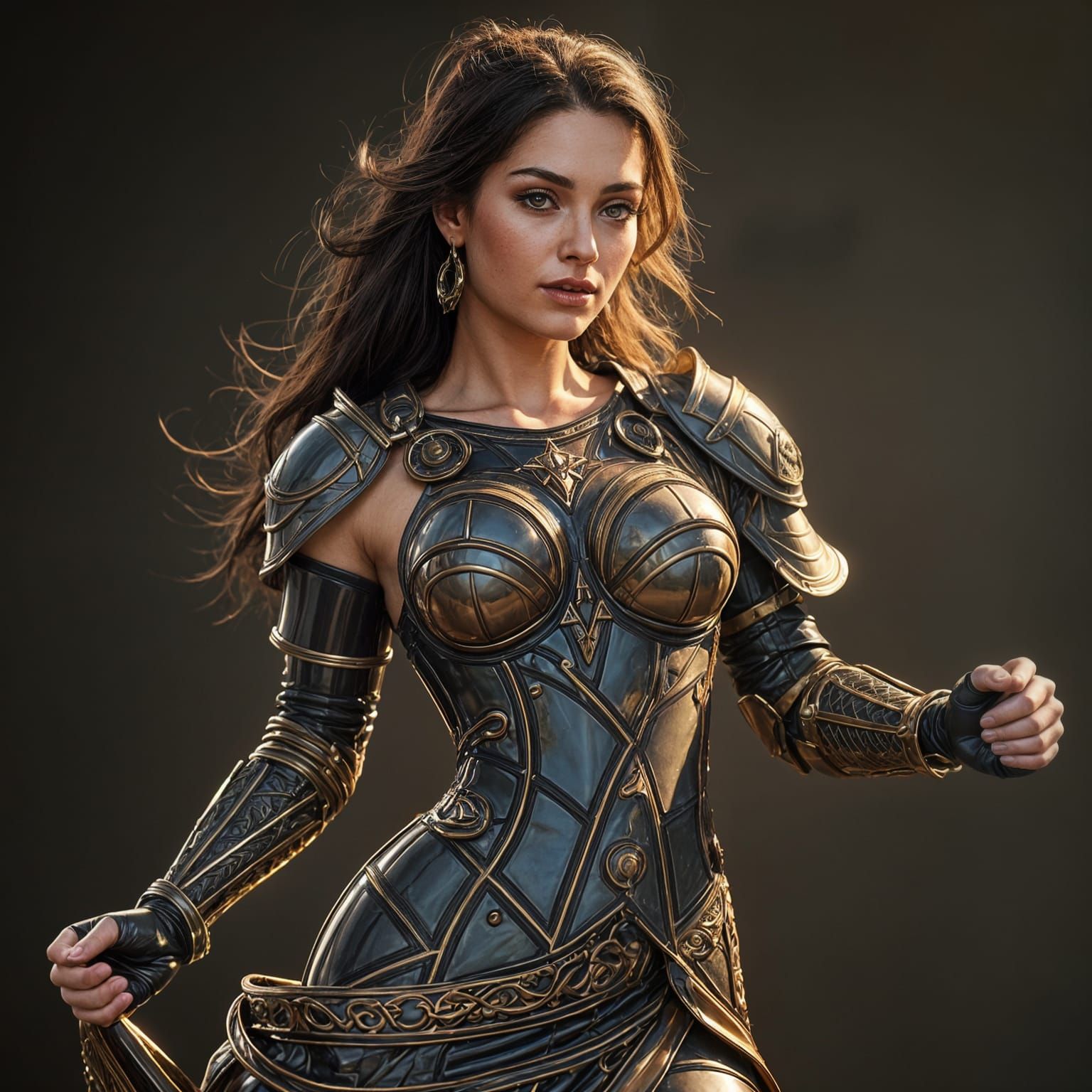 Hyperrealistic Bronze Warrior in Shimmering Latex Armor