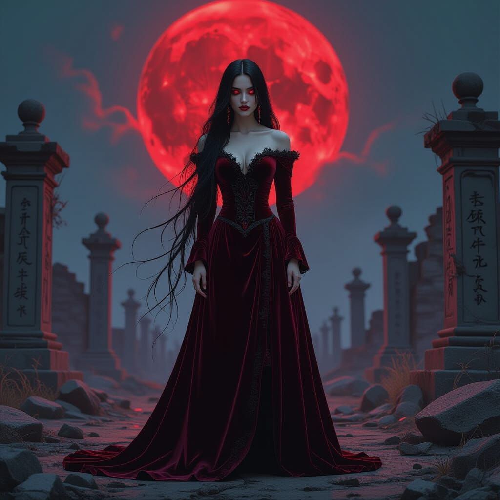 Crimson Gown in Ruined Ritual Ground: Mystical Digital Art