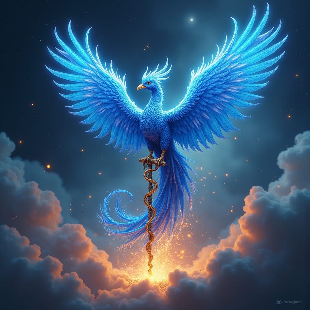 Iridescent Blue Phoenix Ascending, in High-Fantasy Style