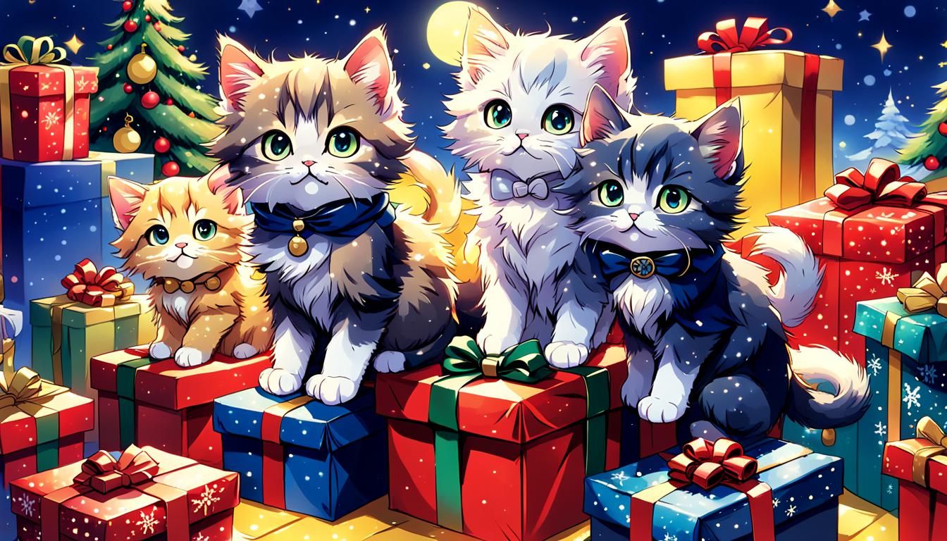 Fluffy kittens giving away presents on christmas