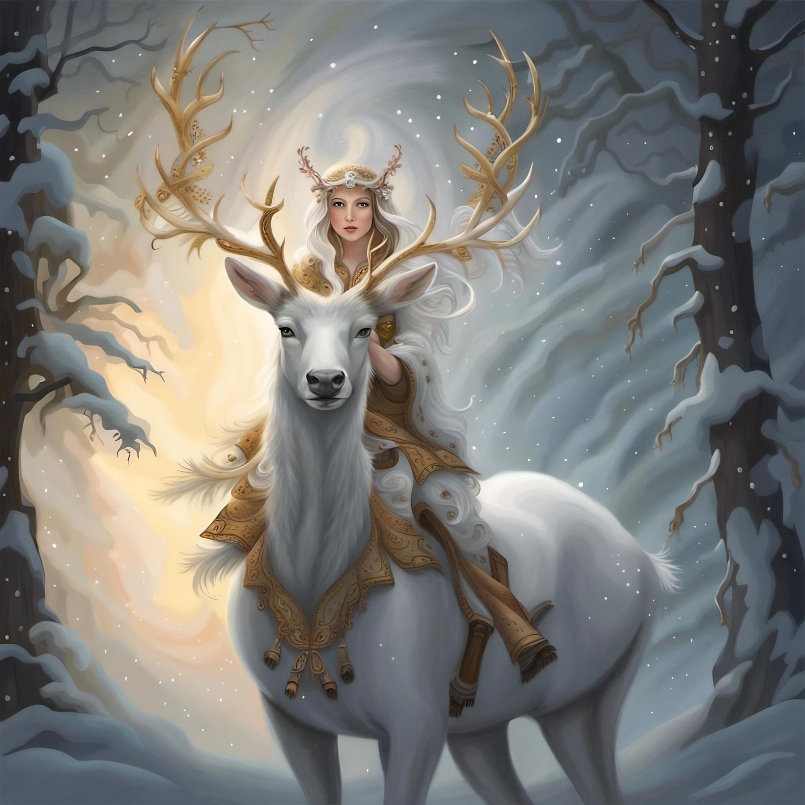 Fantasy Fairy Rider on Reindeer in Winter Forest