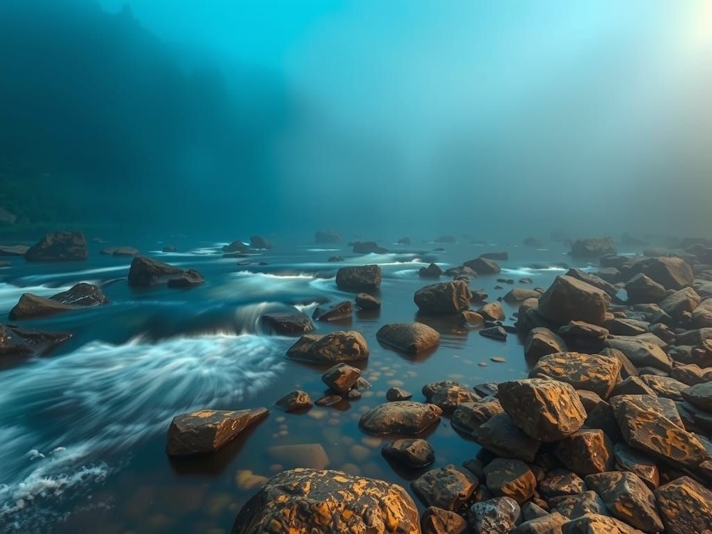 Foggy River Long Exposure: Hyperreal Photorealistic Image