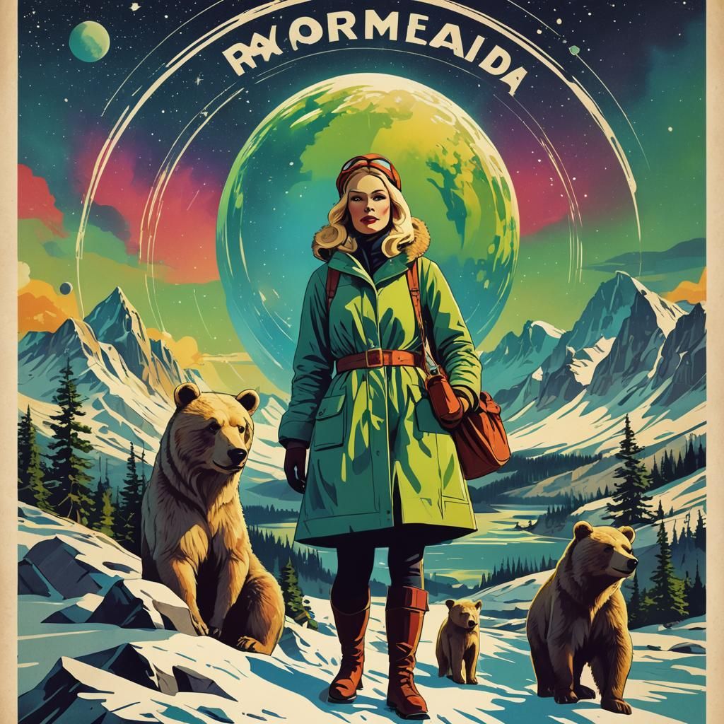Vintage Aurora Borealis Travel Poster in Bauhaus Style