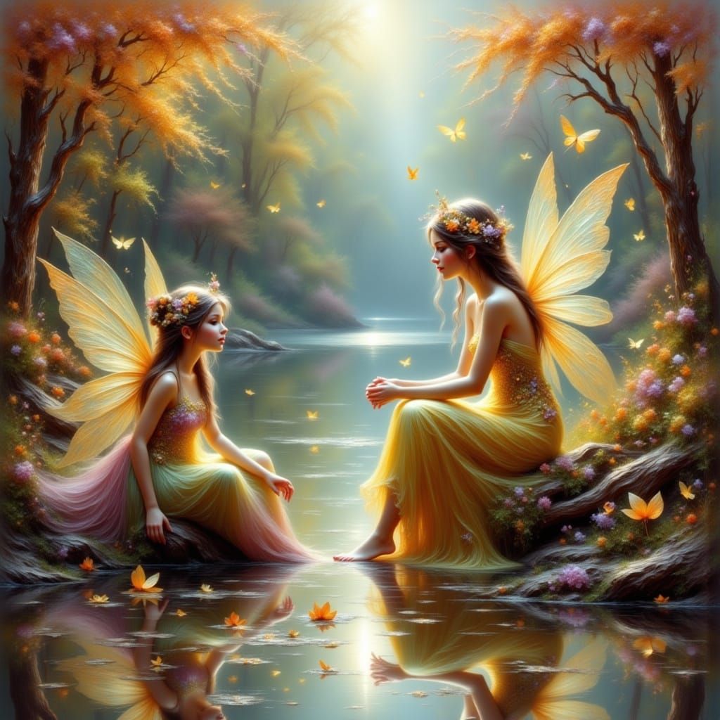 Whimsical Fairies Dance with a Brown Unicorn on a Vibrant Fa...