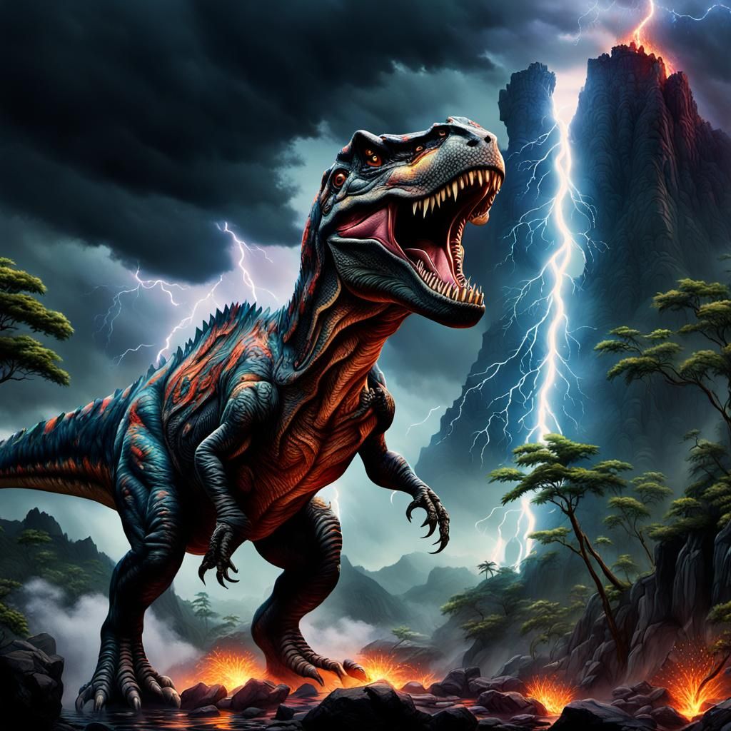 Dinosaurs: A hyper-realistic T-Rex roaring fiercely