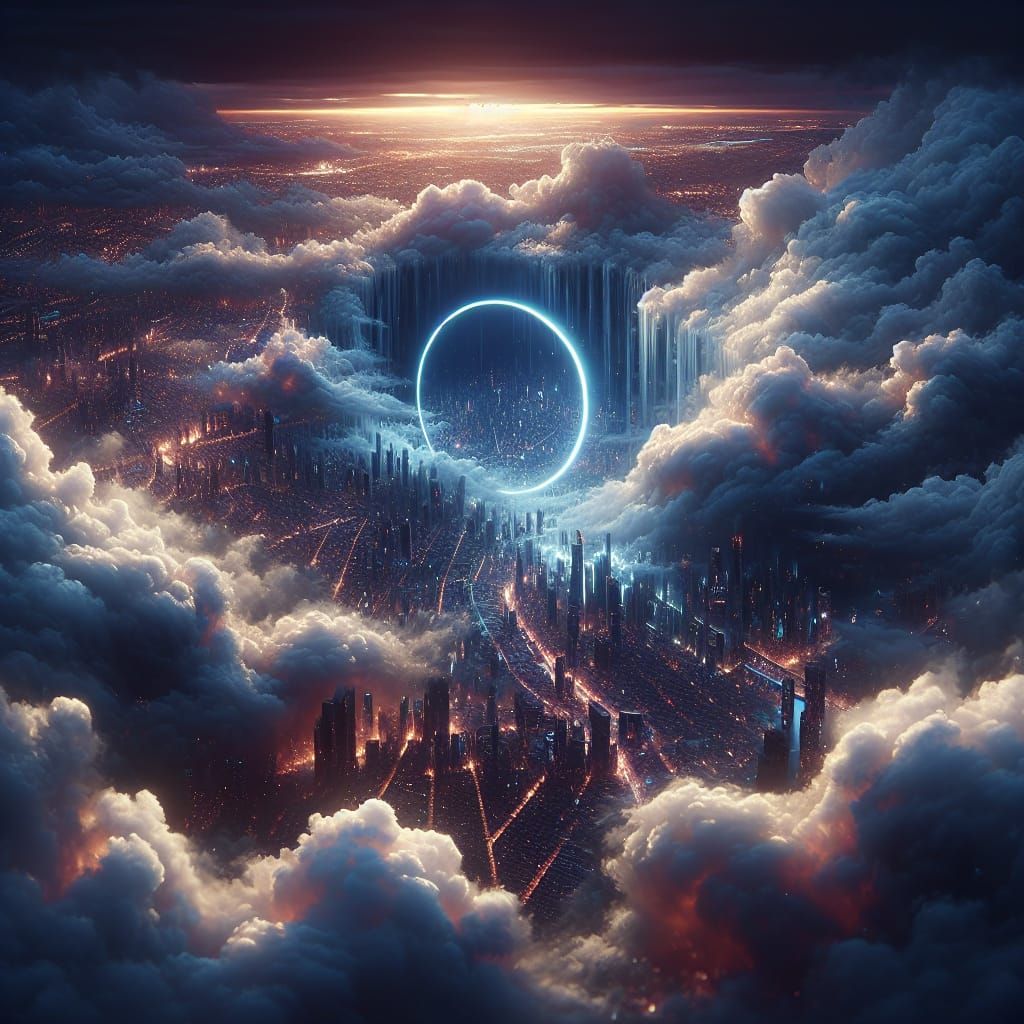 Mystical Cityscape Shrouded by Clouds at Night