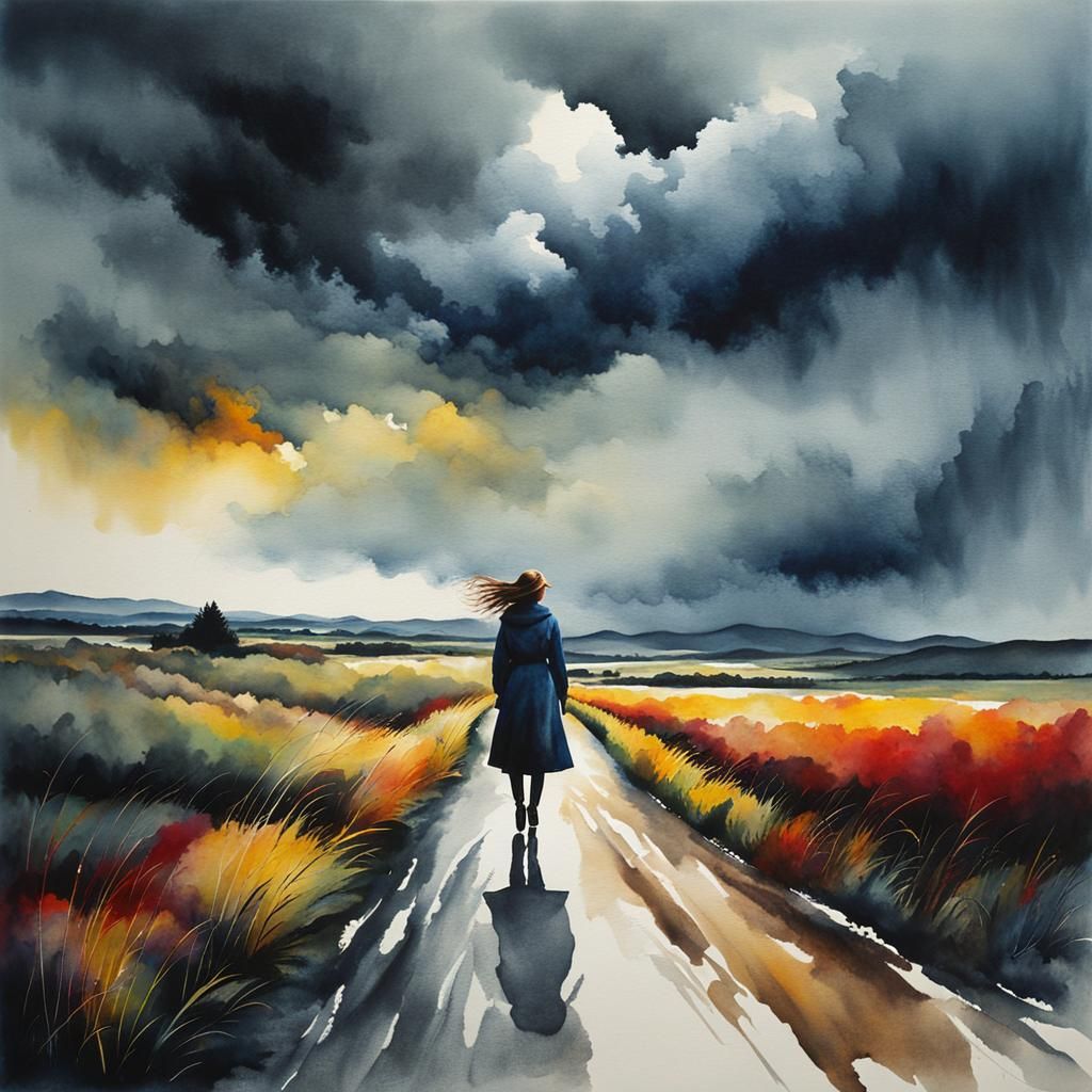 Watercolor: Moody Landscape with Stormy Skies and Lonely Wom...