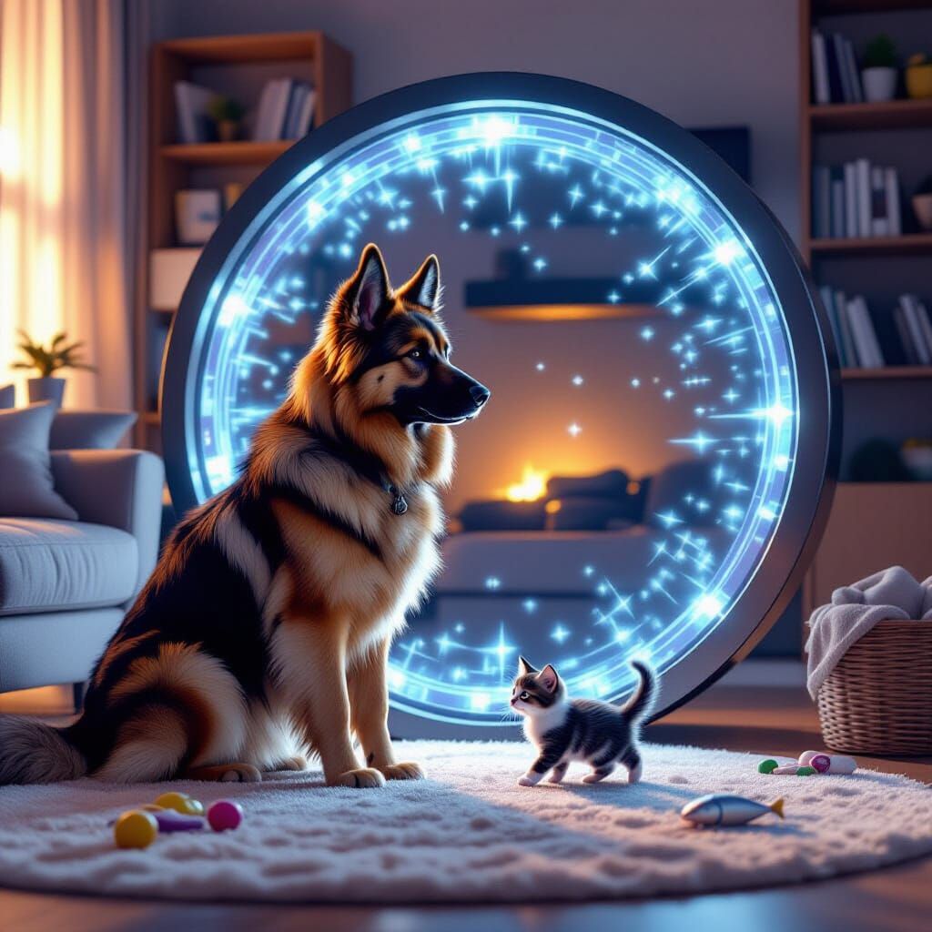 German Shepherd Guards Portal in Living Room