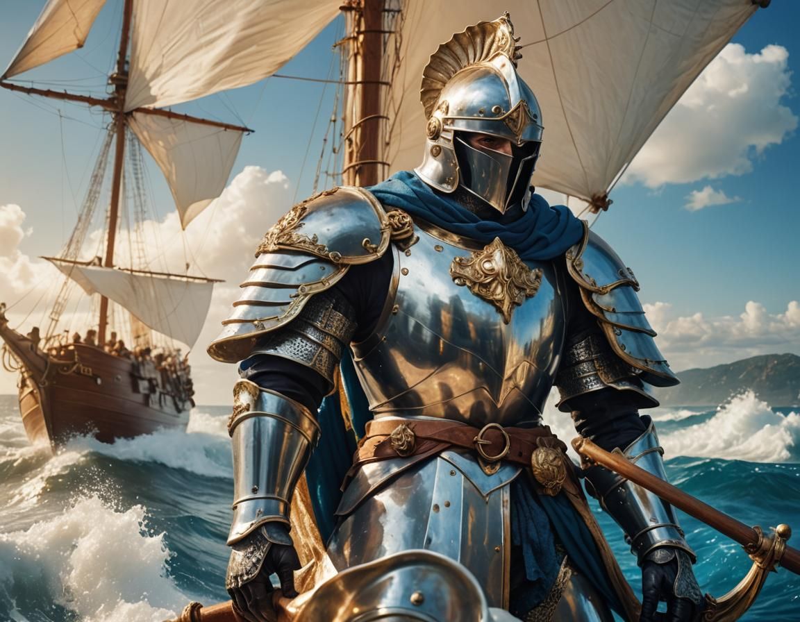 Knight in Seashell Armor on White Ship