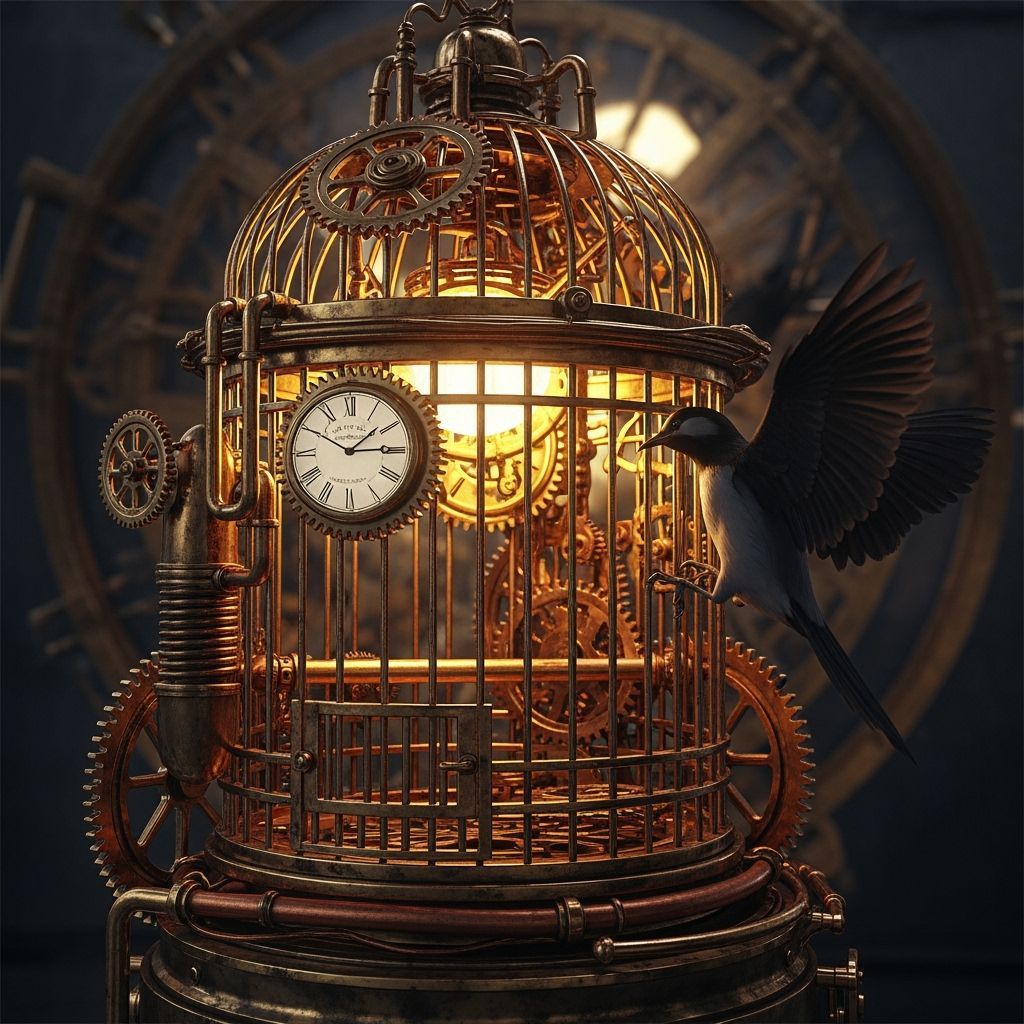 Steampunk Bird Cage with Bird Escaping, Gears and Light