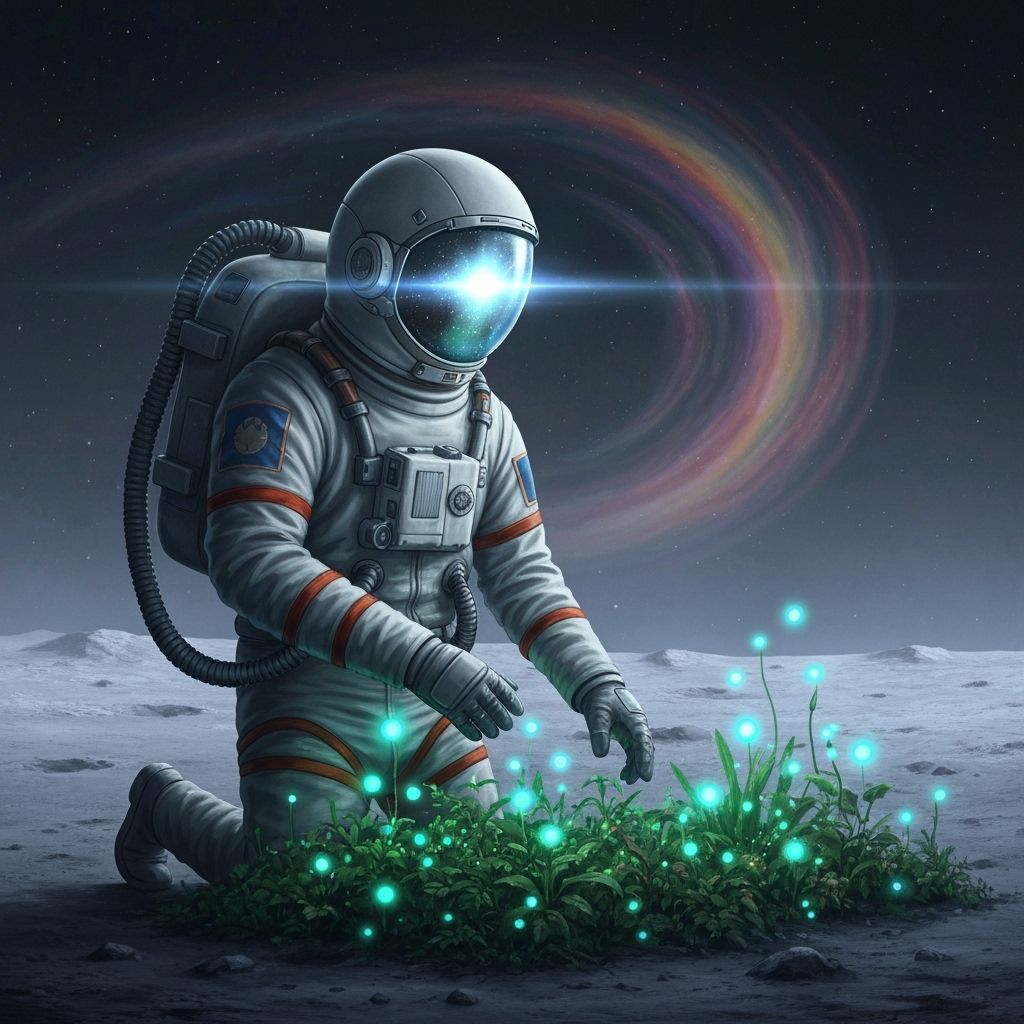 Astronaut and Bioluminescent Garden on Alien Moon