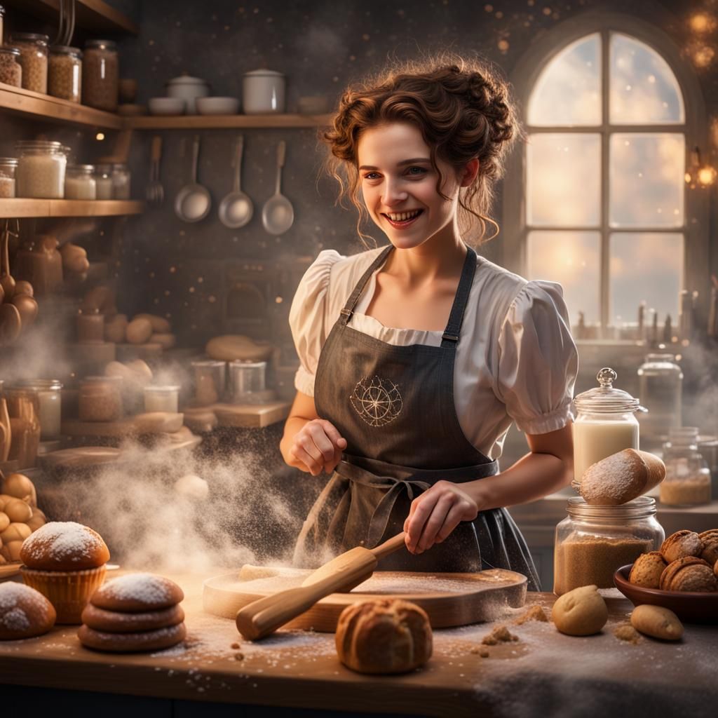 Magical Baker in Retro Kitchen, Fantasy Art