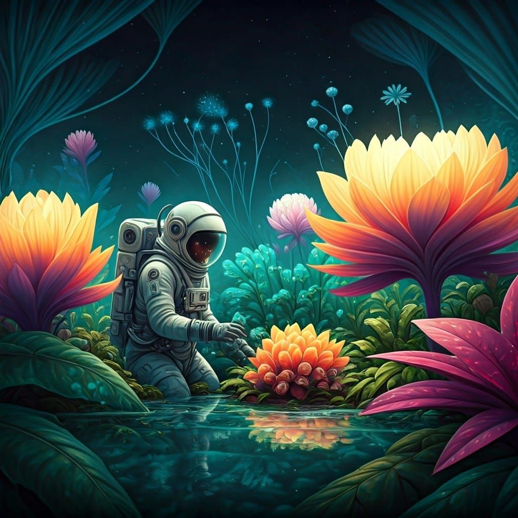 Astronauts Tend Whimsical Space Garden in Ethereal Environme...