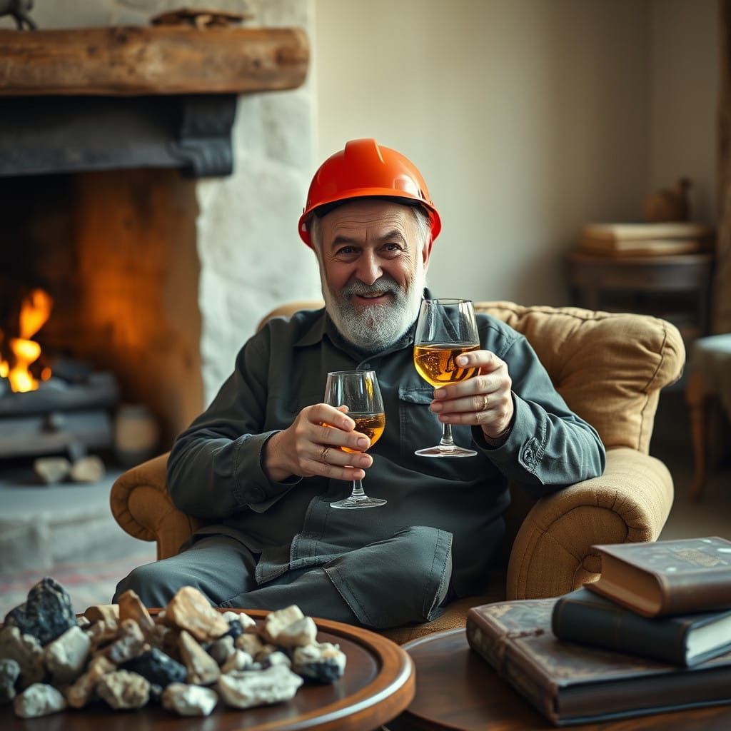 Italian Geologist Sits by Fireplace, Surrounded by Rock Samp...