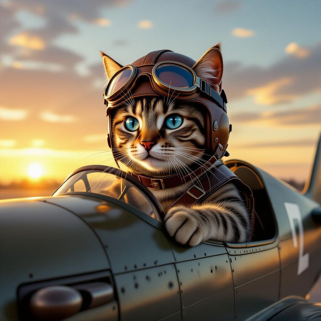 Tabby Cat Pilot in a WW2 Plane, Realistic Style