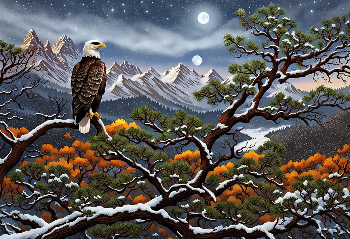 Bald Eagle Perched on Oak Tree: Digital Watercolor Art