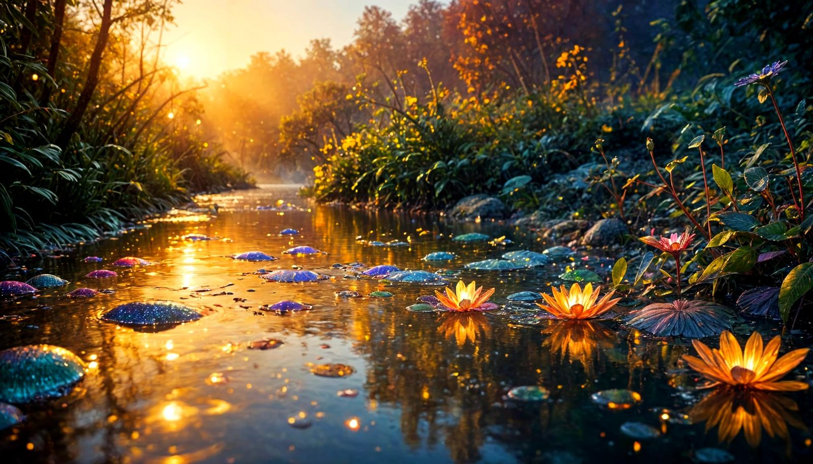 Whimsical Thanksgiving River at Sunset with Cosmic Dew Drops