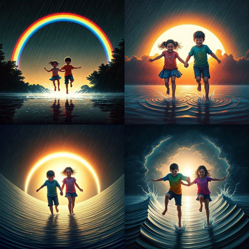 Children's Joyful Muddy Puddle Play Under Rainbow