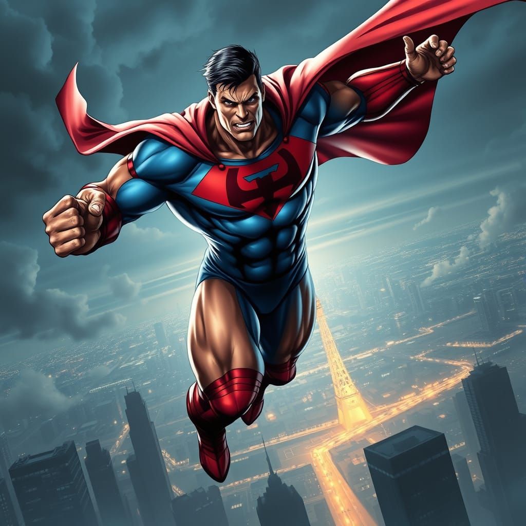 Viltrumite Superhero Soaring Above City, Comic Book Style