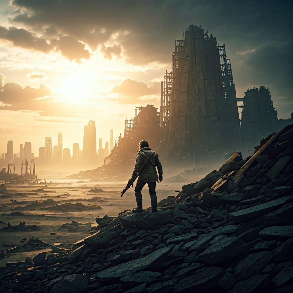 Post-Apocalyptic Survivor in Desolate Landscape